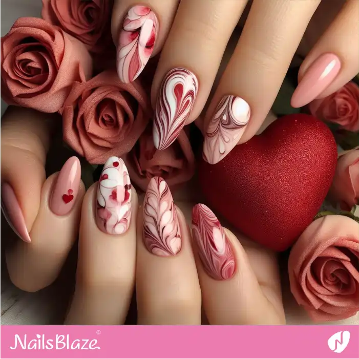 Pink Marble Nails with an Accent Nail Heart Design | Valentine Nails - NB2340